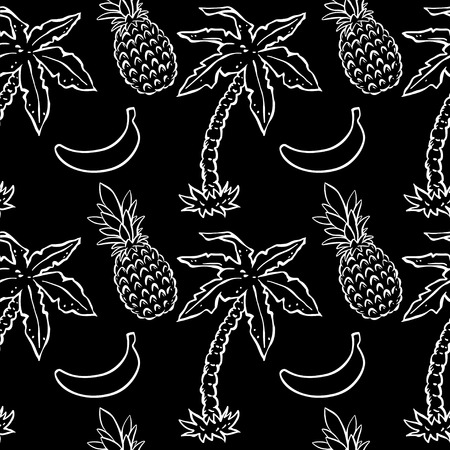 Abstract seamless pattern with tropical coconut palm trees and pineapples and bananas in black and white. Floral repeating monochrome background. Endless print texture. Fabric design. Wallpaperのイラスト素材