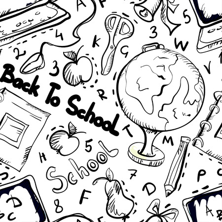 Back to school seamless pattern in black and white. Child cartoon drawing background texture. Fabric design. Wallpaper - vectorのイラスト素材