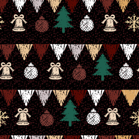 Holidays winter seamless pattern with Christmas tree, bells, balls, snowflakes and flags. Abstract geometric ornament. Repeating print background texture. Fabric design. Wallpaper - vectorのイラスト素材