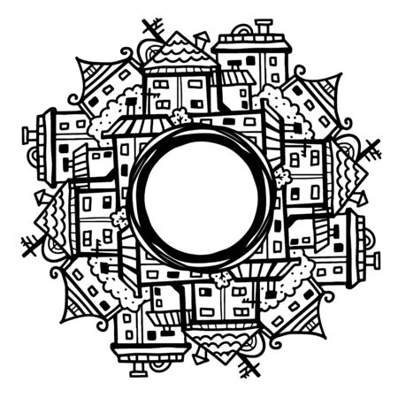 Panorama of the city. Circle cartoon frame isolated on white backgroundのイラスト素材