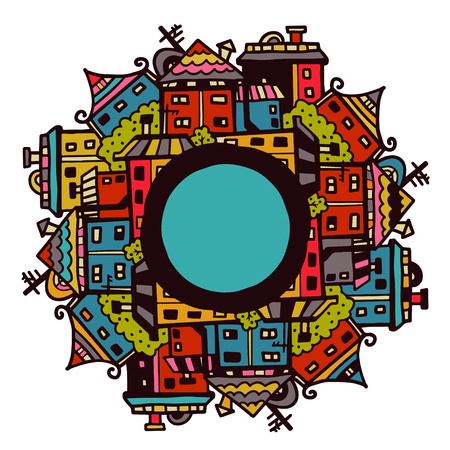 Panorama of the city circle cartoon frame isolated on a white backgroundのイラスト素材