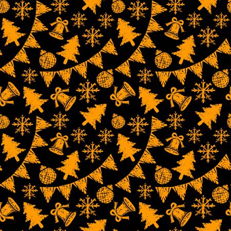 Holidays winter seamless pattern with Christmas tree, flags, snowflakes, bells and balls. Abstract print ornament  Repeating background texture.  Vector illustration.のイラスト素材