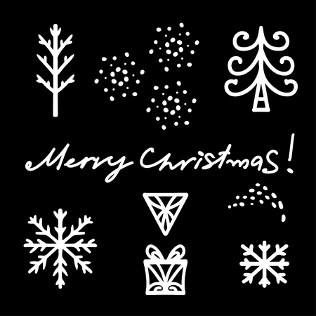 Set Christmas doodle icons set and merry christmas text isolatedのイラスト素材