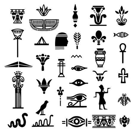 Tribal art Egyptian ethnic icon. Egypt sketch cartoon hand drawn black silhouettes isolated on a white background. Tattoo Logo designのイラスト素材