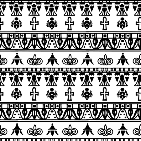Tribal art Egyptian vintage ethnic silhouettes seamless pattern in black and white. Egypt borders. Folk abstract repeating background texture. Cloth design. Wallpaperのイラスト素材