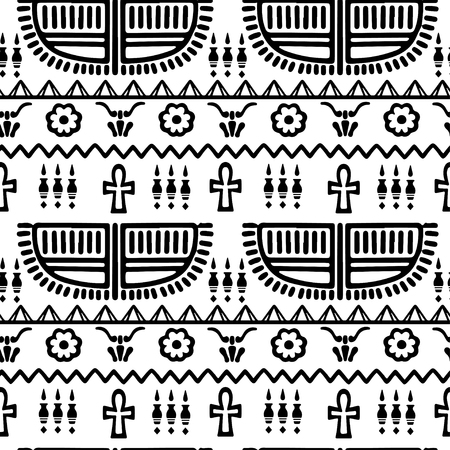 Tribal art Egyptian vintage ethnic silhouettes seamless pattern in black and white. Egypt borders. Folk abstract repeating background texture. Cloth design. Wallpaperのイラスト素材