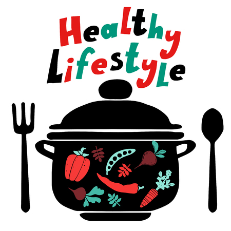 Healthy lifestyle background with icon pan, spoon, fork and vegetables silhouettesのイラスト素材