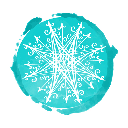 Christmas card watercolor blue circle paint stain and icon snowflake isolated on a white backgroundのイラスト素材