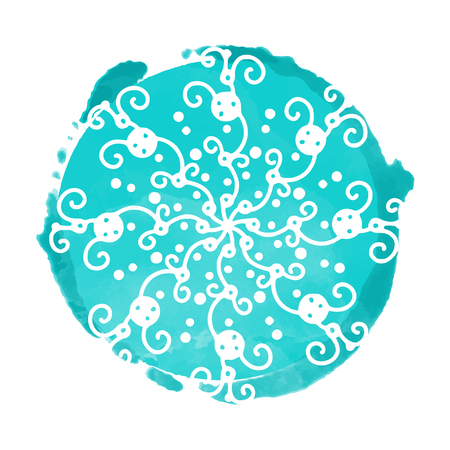 Christmas card watercolor blue circle paint stain and icon snowflake isolated on a white backgroundのイラスト素材
