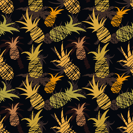 Exotic seamless pattern with silhouettes tropical coconut palm trees and pineapples. Forest, jungle repeating background. Abstract print texture. Cloth design. Wallpaperのイラスト素材