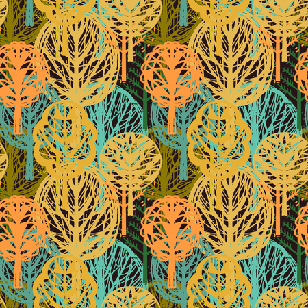 Abstract seamless pattern with autumn trees. Hand drawn ornament. Repeated background. Nature print texture. Cloth design. Wallpaperのイラスト素材