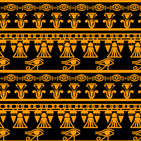 Tribal art Egyptian vintage ethnic silhouettes seamless pattern in black and gold. Egypt borders. Folk abstract repeating background texture. Cloth design. Wallpaperのイラスト素材