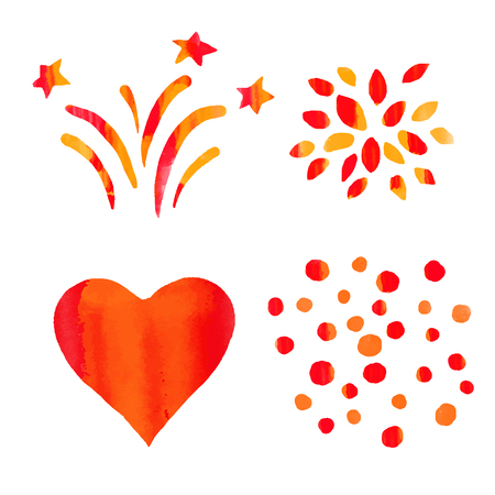 Holiday watercolor red icons sketch set. Heart, fireworks, stars, flower, drops isolated on a white backgroundのイラスト素材