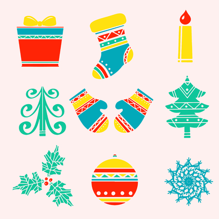 Holiday cartoon icons Christmas set. Gift box, stocking, burning candle, tree, mittens, holly, ball, snowflake isolatedのイラスト素材