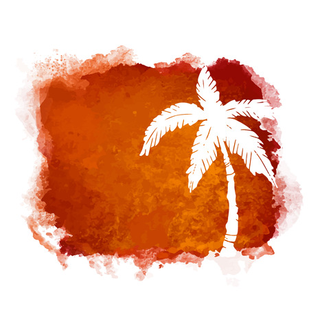 Watercolor square paint stain and coconut palm tree closeup white silhouette. Nature icon isolated on white background. Abstract art. Logo designのイラスト素材