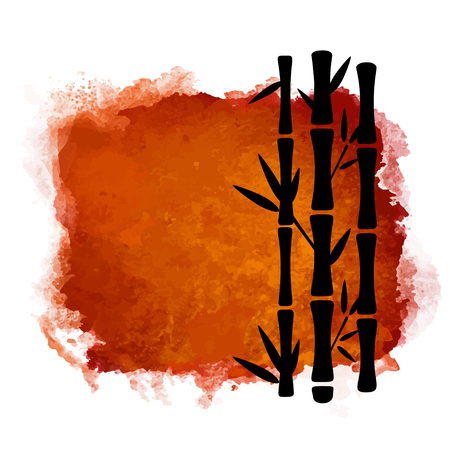Watercolor square paint stain and bamboo trees closeup black silhouettes. Nature icon isolated on white background. Abstract art. Logo designのイラスト素材