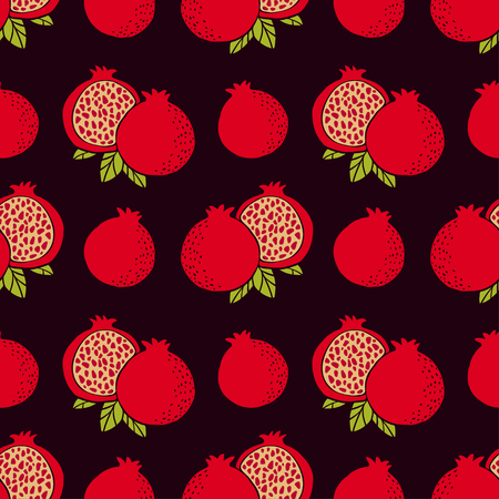 Seamless pattern with silhouettes of pomegranate fruits and leaves. Floral repeating background. Natural print texture. Cloth design. Wallpaperのイラスト素材