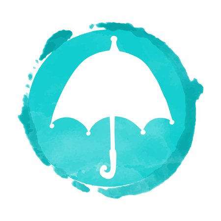 Watercolor circle paint stain and umbrella silhouette. Stamp,  icon isolated on a white background. Abstract art. Logo designのイラスト素材