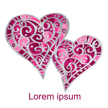 Watercolor hearts with abstract wave pattern in pink and silver colors closeup isolated on white background. Holiday Valentines day card. Hand paintingのイラスト素材