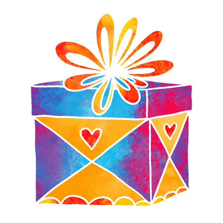 Watercolor colorful gift box with bow closeup isolated on a white backgroundのイラスト素材