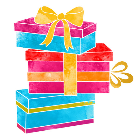 Watercolor colorful gift boxes with bows closeup isolated on a white backgroundのイラスト素材
