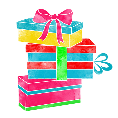Watercolor colorful gift boxes with bows closeup isolated on a white backgroundのイラスト素材