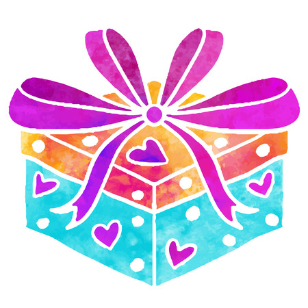 Watercolor colorful gift box with bow and hearts closeup isolated on a white backgroundのイラスト素材