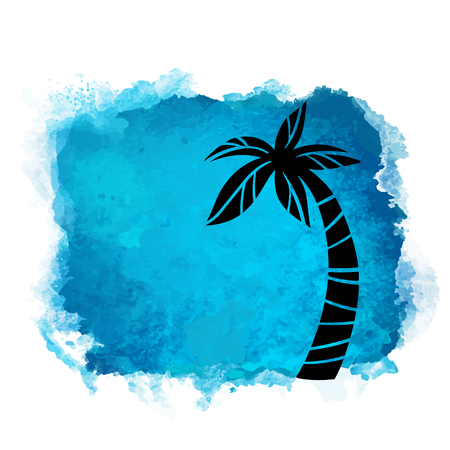 Vector watercolor blue grunge geometric square paint stain with splash and hand drawn coconut palm tree closeup black silhouette. Painted frame design. Bright colors. Abstract artのイラスト素材