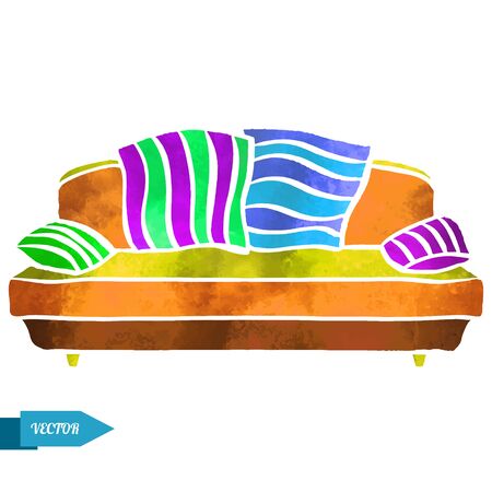 Watercolor colorful modern sofa with pillows closeup isolated on a white backgroundのイラスト素材
