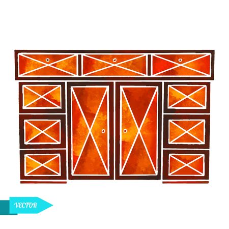 Watercolor wooden cupboard closeup isolated on a white backgroundのイラスト素材