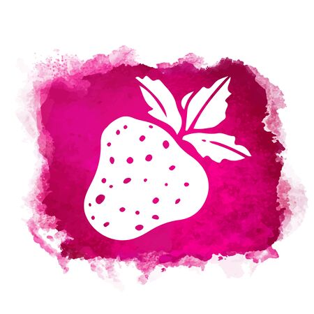 Watercolor red square paint stain with splash and strawberry closeup white silhouette. Natural icon isolated on white background. Abstract art. Logo designのイラスト素材