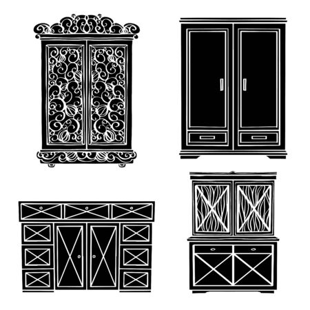 Vintage furniture set, cupboards black silhouettes  isolated on a white backgroundのイラスト素材