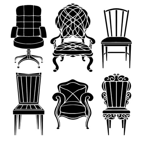 Vintage furniture set, chair, armchair, throne black silhouettes  isolated on a white backgroundのイラスト素材