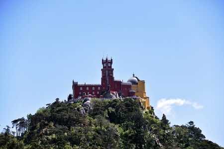 The Pena Palace in Sintra on top of mountains against clear skyのeditorial素材