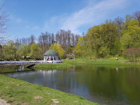 Pavilion on the bank of the river in the city park