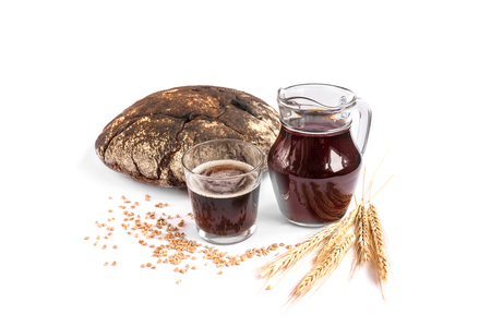 Dark bread kvass and rye bread and ears with grain/の写真素材
