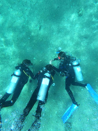 three scuba divers under water. Divers at the bottom of the sea diveの写真素材