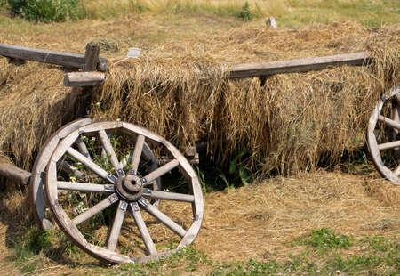 broken wheel from a cart with hay. old farm cart collapsed, hay scatteredの写真素材