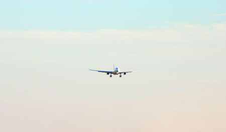 Passenger plane over the forest in the blue sky, the sun is shining.