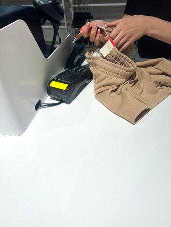 buying clothes at the checkout. label scanning. the cashier scans the barcode