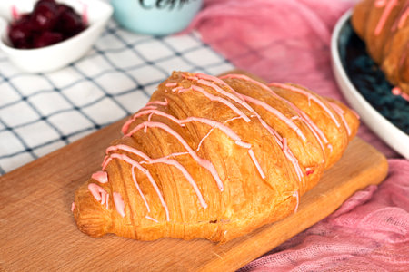 Breakfast served with coffee, croissants, cereals and fruits. Balanced diet.の写真素材