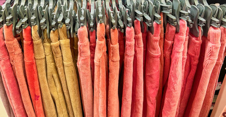 colorful trousers with hanger on rack, cloths shop in shopping mall, pink shadesの写真素材