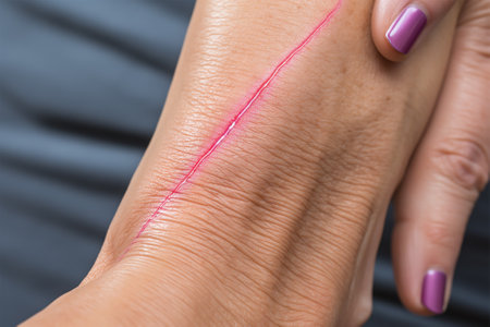 Female hand with healed wound on mature skin. Woman injured hand with knifeの素材