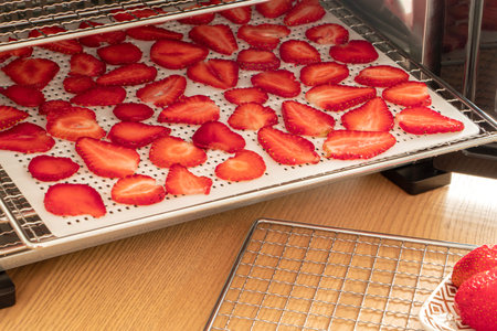 Food Dehydrator. Strawberries, fresh berries on pallets
