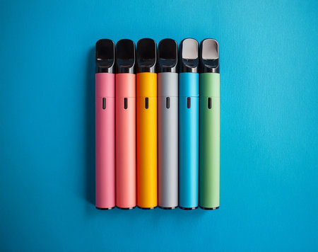 Set of colorful disposable electronic cigarettes on a blue background.の素材