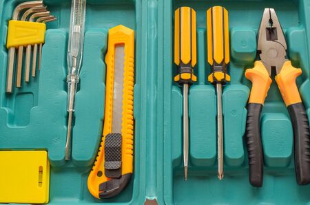 Layout of carpentry tools. Set of hand building tools. Equipment for the repairman.の写真素材