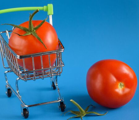 Two ripe tomatoes and a shopping basket on a blue background.の写真素材