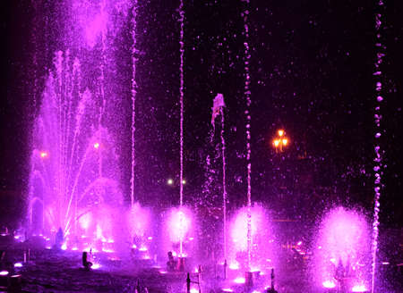 Colorful musical fountain at night. Fountain of frozen splashes. Chelyabinsk, Russia, 05 September 2020.のeditorial素材