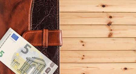 Organizer brown and euro, on a wooden background. Place for your text.の写真素材
