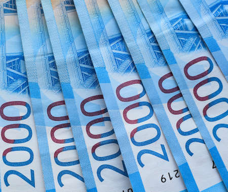Russian rubles, money background. Financial crisis, ruble devaluation concept.